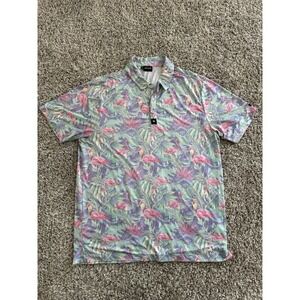 Bad Birdie Men's XL Polo Shirt Flamingo All Over Print Floral Performance Golf